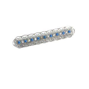 Vintage Sterling Silver Bar Pin With Blue Rhinestones & Filigree Design 1.5 Inch
